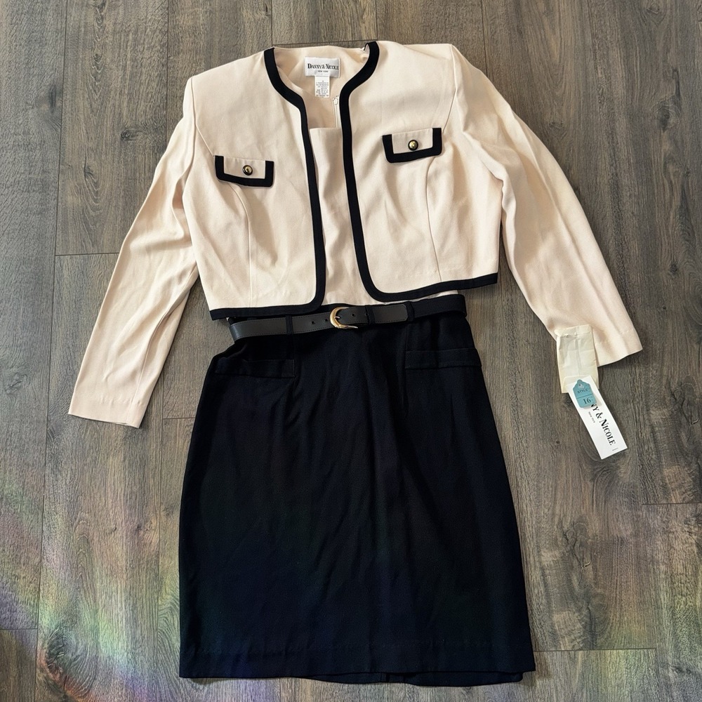 Danny & Nicole NY Womens Sz 16 Suit Dress &Cropped Jacket Contrast Trim Belted